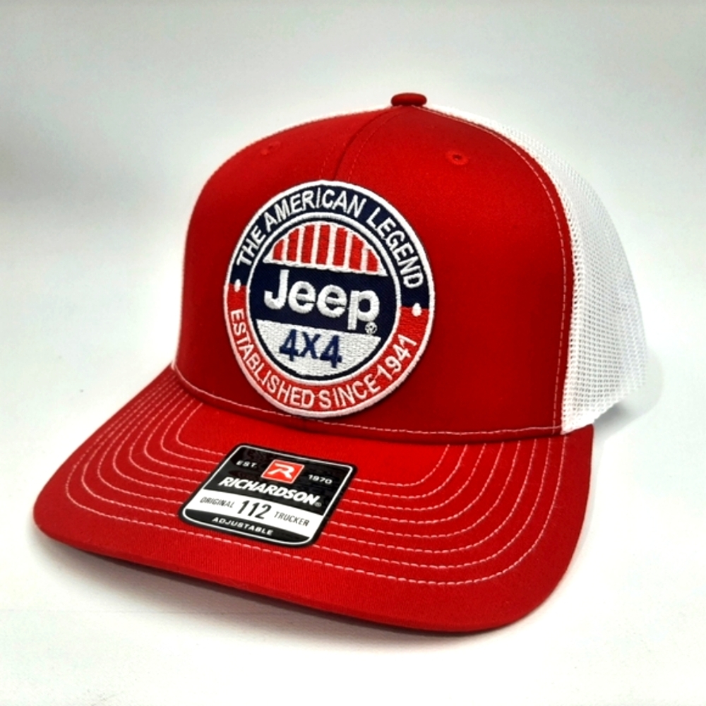 Jeep Richardson 112 Trucker Mesh Snapback Cap Hat Red & White Embroidered Patch